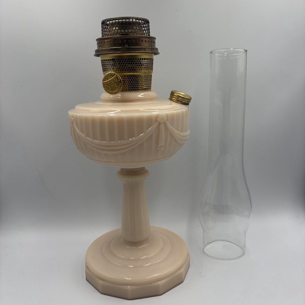 Vtg Aladdin Pink Alacite Uuranium Glass Oil Lamp Model B Tall Lincoln Drape Glow